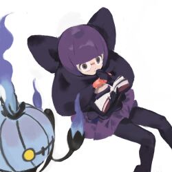  1girl blunt_bangs bob_cut book bow breasts brooch chandelier chandelure elbow_gloves fire ghost glasses gloves highres holding holding_book holding_pen jewelry large_bow low_neckline neck_pillow pen pokemon pokemon_(creature) pokemon_black_and_white purple_fire purple_hair purple_skirt rimless_eyewear round_eyewear shauntal_(pokemon) shiratsuyu_mone short_hair skirt violet_eyes yellow_eyes 