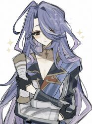  1boy ahoge black_gloves blush closed_mouth collarbone commentary curtained_hair earrings genshin_impact gloves hair_between_eyes hand_on_own_elbow holding holding_scroll hroptatyr_(genshin_impact) jewelry long_hair looking_at_viewer male_focus mole mole_under_mouth nnrs68 pale_skin pink_eyes purple_hair scroll single_earring sketch smile sparkle upper_body v-neck white_background 