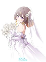  1girl absurdres alternate_costume anya_melfissa back blonde_hair blonde_streaks blunt_bangs bouquet bridal_veil brown_hair center-flap_bangs closed_mouth commentary detached_sleeves double-parted_bangs dress english_commentary gradient_hair hair_bun hair_intakes highres holding holding_bouquet hololive hololive_indonesia juliet_sleeves light_smile long_dress long_sleeves looking_at_viewer looking_to_the_side multicolored_hair puffy_sleeves purple_hair saltnvalk simple_background single_hair_bun sketch solo streaked_hair turning_head two-tone_hair veil virtual_youtuber wavy_sidelocks wedding_dress white_background white_dress white_sleeves 