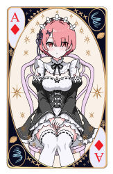  1girl ace_(playing_card) ace_of_diamonds braid butterfly-shaped_pupils card card_(medium) commentary crown_braid detached_sleeves diamond_(shape) hair_ornament hair_over_one_eye hair_ribbon highres maid maid_headdress playing_card playing_card_(medium) purple_ribbon ram_(re:zero) re:zero_kara_hajimeru_isekai_seikatsu ribbon roswaal_mansion_maid_uniform short_hair soil_holder solo symbol-shaped_pupils untranslatable_commentary x_hair_ornament 