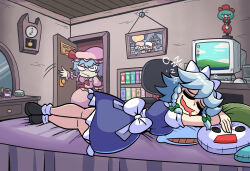  2girls analog_clock ascot back_bow bed bedroom black_shoes bliss_(image) blue_dress blue_hair book bookshelf bow braid clock closed_eyes collared_shirt commentary commission computer computer_keyboard computer_mouse crt desk dress drooling english_commentary fang fang_out flandre_scarlet green_bow grey_hair hair_bow hat hat_ribbon highres indoors izayoi_sakuya kagiyama_hina kevin_arthur long_hair lying maid maid_headdress microsoft_windows mirror mob_cap monitor mouth_drool multiple_girls on_bed on_stomach open_mouth opening_door photo_(object) pinafore_dress pink_hat pink_shirt pink_skirt red_ascot red_eyes remilia_scarlet ribbon shirt shoes skirt skirt_set sleeping sleeveless sleeveless_dress smile socks squeans touhou twin_braids white_bow white_shirt white_socks windows_xp zzz 