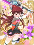  1girl battle_girl_high_school brown_hair colopl flat_chest flower gloves highres himukai_yuri long_hair looking_at_viewer official_art open_mouth petals ponytail red_eyes solo sword thigh-highs weapon 