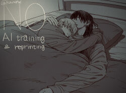  2boys blush chainsaw_man closed_eyes closed_mouth commentary_request cuddling denji_(chainsaw_man) greyscale hair_undone hayakawa_aki highres long_sleeves lying male_focus monochrome multiple_boys nn_chco on_bed on_side short_hair sleeping_together under_covers watermark 