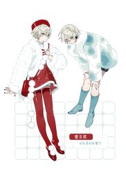  1boy absurdres aqua_eyes bag blonde_hair blue_boots boots coat commentary_request dress earrings full_body fur_coat fur_hat fur_trim haimian_fang_kuku hat highres jewelry male_focus multiple_views original pom_pom_(clothes) red_dress red_hat red_nails red_thighhighs shoulder_bag thigh-highs winter_clothes 