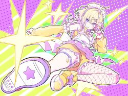  1girl ahoge apron blonde_hair bloomers blush clenched_teeth detached_sleeves full_body hair_between_eyes hair_intakes highres jersey_maid maid maid_apron maid_headdress nijisanji o-ring o-ring_thigh_strap pomelo_punch rider_kick single_fishnet_legwear solo sparkle teeth thigh_strap unconventional_maid violet_eyes virtual_youtuber white_bloomers yasab_ya 