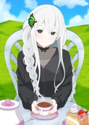  1girl absurdres angeloart3 black_dress blue_sky braid bug butterfly cake chair commentary_request cream cup dress echidna_(re:zero) food fruit grass green_butterfly grey_eyes highres light_blush long_hair re:zero_kara_hajimeru_isekai_seikatsu sky smile spoon strawberry table tea teacup teapot twin_braids white_hair 