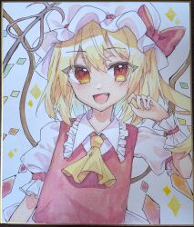  1girl :d absurdres ascot blonde_hair bow chisiro_unya_(unya_draw) collared_shirt commentary_request crystal crystal_wings fang flandre_scarlet frilled_shirt_collar frills hat hat_bow highres long_hair mob_cap multicolored_wings one_side_up open_mouth puffy_short_sleeves puffy_sleeves red_bow red_eyes red_vest shikishi shirt short_sleeves smile solo touhou traditional_media vest white_hat white_shirt wings yellow_ascot 
