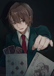  1boy ame_akagi blazer blue_jacket brown_eyes brown_hair card commentary_request dress_shirt hair_between_eyes highres holding holding_card jacket joker_(playing_card) kita_high_school_uniform koizumi_itsuki long_sleeves looking_at_viewer necktie open_mouth playing_card playing_card_game playing_games pov red_necktie school_uniform shirt short_hair smile solo suzumiya_haruhi_no_yuuutsu white_shirt winter_uniform 