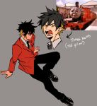  1boy angry black_hair blazer character_name character_sheet full_body glasses_enthusiast grey_background jacket james_the_red_engine looking_at_viewer multicolored_hair redesign shouting simple_background sitting solo thomas_the_tank_engine two-tone_hair yellow_eyes 