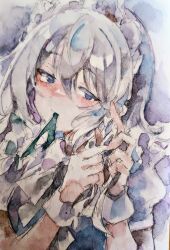  1girl absurdres blue_dress blue_eyes bow braid collared_shirt commentary_request dress green_bow grey_hair hair_between_eyes hair_bow highres izayoi_sakuya kamu_kotan long_hair maid maid_headdress mouth_hold pinafore_dress puffy_short_sleeves puffy_sleeves ribbon ribbon_in_mouth shirt short_sleeves sleeveless sleeveless_dress solo touhou traditional_media twin_braids tying_hair upper_body white_shirt white_wrist_cuffs wrist_cuffs 