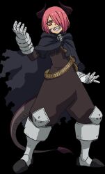  1boy baggy_pants cape colored_eyelashes doki_baragaki facial_mark full_body hair_over_one_eye hand_up highres horns leg_armor looking_at_viewer male_focus official_art pants pink_hair sharp_teeth short_hair shy_(series) smile tail teeth yellow_eyes 