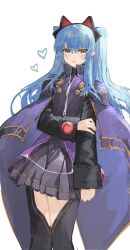  1girl absurdres animal_ear_hairband animal_ears ao_no_kiseki black_thighhighs blue_hair cape cat_ear_hairband cat_ears commentary eiyuu_densetsu english_commentary fake_animal_ears hairband heart highres keyv1q long_hair miniskirt purple_cape skirt solo thigh-highs tio_plato twintails yellow_eyes zero_no_kiseki 