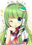  1girl alternate_costume collarbone frog_hair_ornament gradient_hair green_eyes hair_ornament hair_tubes hand_on_own_chin highres kochiya_sanae long_hair multicolored_hair neckerchief one_eye_closed school_uniform serafuku snake_hair_ornament solo tongue tongue_out touhou uniform uta_(kuroneko) 