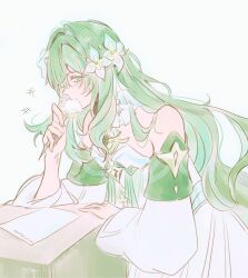  +++ 1girl aqua_eyes aqua_hair babebatos bare_shoulders blush breasts choker closed_mouth colored_inner_hair dress earrings english_commentary fins flower frilled_choker frills genshin_impact green_hair hair_flower hair_ornament hair_over_one_eye hand_up head_fins highres holding holding_pen jewelry long_dress long_hair long_sleeves looking_at_viewer multicolored_hair necklace paper pearl_hair_ornament pen simple_background single_earring sitting sleeveless sleeveless_dress small_breasts smile solo table very_long_hair vodyanitsa_(genshin_impact) wavy_hair white_background white_choker white_dress white_flower white_sleeves wide_sleeves 