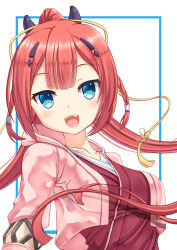  1girl blue_eyes blunt_bangs blush braid breasts collarbone commentary_request fake_horns fang floating_hair hair_ornament hairclip happy hood hood_down hooded_kimono horns inset_border japanese_clothes kamiyama_shiki kimono layered_kimono long_hair long_sleeves medium_breasts oku_no_ma pink_kimono ponytail red_hair red_kimono ringed_eyes sidelocks simple_background solo split_ponytail summer_pockets tassel tassel_hair_ornament teeth twin_braids upper_body upper_teeth_only very_long_hair white_background 