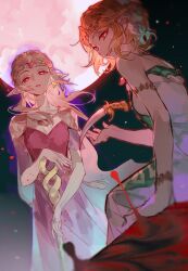  2girls an_(bfzann) armlet armor aura bare_shoulders blonde_hair blood chinese_commentary circlet commentary_request dagger dark_aura dark_persona doppelganger dress dual_persona earrings evil_smile floating_hair highres jewelry knife long_hair looking_at_viewer moon multiple_girls pauldrons phantom_ganon pink_dress pointy_ears princess_zelda red_eyes red_moon short_hair short_sleeves shoulder_armor sitting smile spoilers staff strapless strapless_dress the_legend_of_zelda the_legend_of_zelda:_echoes_of_wisdom the_legend_of_zelda:_tears_of_the_kingdom tri_rod weapon white_dress 