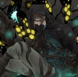  1boy aqua_eyes brown_cape brown_eyes brown_hair cape commentary_request e.g.o_(project_moon) faelantern_(project_moon) fairy force_(4sk_force) gregor_(project_moon) grey_pants highres hood hooded_cape knee_up korean_commentary lantern_(e.g.o) limbus_company looking_at_viewer monocle pants plant_roots project_moon sitting solo 