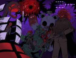  3others black_gloves blood brown_cape cape commentary_request der_fluchschutze extra_eyes flaming_head flower force_(4sk_force) four-hundred_roses gloves green_cape green_jacket highres horse hurting_teddy_bear jacket korean_commentary limbus_company monster monster_focus multiple_others nail_(hardware) object_head project_moon purple_background red_flower red_rose rose rose_hunter sharp_teeth skeleton sleeping_bag_of_a_bygone_day stitches teeth thorns 
