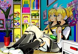  1boy 1girl ahoge black_legwear blonde_hair blue_eyes bottle box brother_and_sister clock drawer gloves hair_ribbon headphones indoors kagamine_len kagamine_rin mushroom photo_(object) plant poster_(object) potted_plant ribbon shoes siblings sitting twins vocaloid white_ribbon white_shoes yuuka_nonoko 