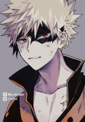  1boy bakugou_katsuki black_mask blonde_hair boku_no_hero_academia collarbone commentary_request eye_mask facial_hair from_side grey_background hair_between_eyes hatching_(texture) high_collar highres linear_hatching looking_at_viewer looking_to_the_side male_focus mask open_collar parted_lips pixiv_id pixiv_logo red_eyes sanpaku scar scar_on_chest scratches short_hair sideburns_stubble sideways_glance simple_background solo spiky_hair stubble torn_mask tsurime twitter_logo twitter_username ume_(326310) upper_body 