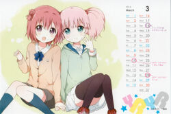  2014 2girls :d akaza_akari artist_name black_thighhighs blue_bow blue_bowtie blue_skirt blue_socks blush bow bowtie calendar_(medium) cardigan closed_mouth copyright_notice feet_out_of_frame green_eyes green_hoodie grey_shorts hair_bun hair_intakes hand_up hood hood_down hoodie kneehighs knees_up long_sleeves looking_at_viewer march miniskirt multiple_girls namori open_mouth pink_hair pleated_skirt red_hair short_hair short_twintails shorts sitting skirt smile socks thigh-highs third-party_source twintails violet_eyes yellow_cardigan yoshikawa_chinatsu yuruyuri 