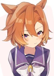  1girl amano_(amano_miko) animal_ears blush bow bowtie collarbone commentary_request facing_viewer hair_between_eyes highres horse_ears horse_girl horseshoe_ornament long_sleeves looking_to_the_side orange_hair purple_sailor_collar sailor_collar school_uniform short_hair simple_background solo t.m._opera_o_(umamusume) tracen_school_uniform umamusume upper_body violet_eyes white_background white_bow 