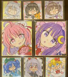  >_< 6+girls :3 :d ^_^ animal_ears backpack bag bird_wings black_jacket black_ribbon black_wings blazer blonde_hair blue_eyes blue_hair blue_shirt blue_skirt blush bone bow bowtie brown_hair bun_cover capelet closed_eyes closed_mouth collared_shirt commentary_request crescent crescent_hair_ornament detached_sleeves double_bun double_v dress facing_viewer flower frilled_shirt_collar frills green_bag green_hat grey_hair hair_bobbles hair_bow hair_bun hair_ornament hat hat_bow highres himekaidou_hatate ibaraki_kasen inubashiri_momiji jacket jewelry kawashiro_nitori key key_necklace lily_white long_hair long_sleeves looking_at_viewer mob_cap multiple_girls neck_ribbon necklace necktie open_mouth patchouli_knowledge photo_(medium) pink_dress pink_eyes pink_flower pink_hair pink_hat pink_rose pink_skirt pom_pom_(clothes) portrait purple_bow purple_hair purple_hat purple_necktie rabbit_ears rabbit_girl red_bow red_bowtie red_eyes red_hat red_necktie red_tabard reisen_udongein_inaba ribbon rose shameimaru_aya shikishi shirt skirt sleeveless sleeveless_shirt smile tabard tail tokin_hat totoharu_(kujirai_minato) touhou traditional_media twintails two_side_up v violet_eyes white_capelet white_dress white_hat white_shirt wide_sleeves wings wolf_ears wolf_girl wolf_tail 