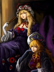  2girls black_dress blonde_hair dalachi_(headdress) disembodied_eye dress folding_fan gap_(touhou) gloves hand_fan hat hat_ribbon highres holding holding_fan junko_(touhou) long_hair mob_cap multiple_girls neck_ribbon purple_dress red_eyes red_tabard ribbon tabard touhou tuatha violet_eyes white_gloves white_hat yakumo_yukari 