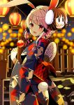  1girl animal_ears animal_print braid bunny_print bunny_tail candy_apple character_mask fan fence food japanese_clothes kimono lantern long_hair mask night night_sky obi pink_eyes purple_hair rabbit_ears reisen_udongein_inaba sash sky solo star_(sky) starry_sky tail touhou very_long_hair yukata yuuka_nonoko 