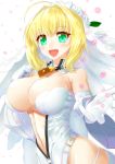  1girl absurdres ahoge bell belt blonde_hair blush bodysuit breasts chains cleavage cow_bell detached_sleeves fate/extra fate/extra_ccc fate_(series) gloves green_eyes highres large_breasts looking_at_viewer minarai_tenna navel open_mouth outstretched_arms saber_bride saber_extra skindentation solo unzipped veil white_gloves zipper 