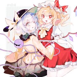  2girls absurdres ascot black_hat blonde_hair bow bright_pupils collared_shirt commentary_request crystal crystal_wings disembodied_linked_eye eyeball flandre_scarlet frilled_shirt_collar frills green_eyes green_skirt grey_hair hat hat_bow highres holding_own_skirt komeiji_koishi long_sleeves looking_at_viewer mob_cap multicolored_wings multiple_girls multiple_views one_eye_closed one_side_up open_mouth pointy_ears puffy_short_sleeves puffy_sleeves red_bow red_eyes red_skirt red_vest seiryo0425 shirt short_sleeves skirt skirt_set tongue tongue_out touhou vest white_hat white_pupils white_shirt wide_sleeves wings yellow_ascot yellow_bow yellow_shirt 