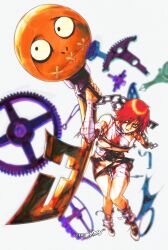  1girl a.b.a artist_name bags_under_eyes bandaged_arm bandaged_chest bandaged_leg bandaged_neck bandaged_torso bandages belt blood blood_on_arm blood_on_bandages blood_on_clothes blood_stain chain closed_mouth crop_top fingerless_gloves full_body gears gloves grey_shorts guilty_gear guilty_gear_xx hair_between_eyes highres holding holding_key holding_weapon key key_in_head looking_at_viewer object_through_head official_style orange_hair pale_skin paracelsus_(guilty_gear) short_hair shorts single_fingerless_glove single_glove stitched_mouth stitches suspenders weapon zero_setsu 