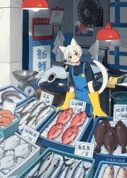  1boy :3 absurdres animal_ears apron black_eyes blue_apron cat_boy cat_ears cat_tail chinese_text commentary_request dead_animal fish_(food) fish_market freezer gloves haimian_fang_kuku highres looking_at_viewer market_stall original price_tag seafood shirt t-shirt tail white_hair yellow_gloves 