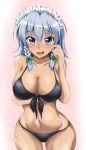  1girl alternate_breast_size bikini black_bikini blue_eyes blue_hair blush bow braid breast_hold breasts commentary_request cowboy_shot hair_bow hand_up highres izayoi_sakuya large_breasts looking_at_viewer maid_headdress masegohan open_mouth ribbon sweat sweatdrop swimsuit thick_thighs thighs touhou twin_braids wide_hips 