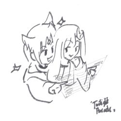  :3 absurdres animal_ears chibi cho_kaguya-hime! downwards_triangle_mouth fox_ears highres hiphopcandycat hologram hug kaguya_(cho_kaguya-hime!) kaguya_(tsukuyomi)_(cho_kaguya-hime!) rabbit_ears sakayori_iroha sakayori_iroha_(tsukuyomi) triangle_mouth yuri 