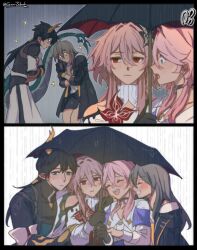  1boy 3girls black_choker black_flower black_hair black_shirt black_skirt black_umbrella blue_eyes blue_shrug blush cesarzebrah choker coat dan_heng_(honkai:_star_rail) dan_heng_(permansor_terrae)_(honkai:_star_rail) detached_sleeves double-parted_bangs dragon_boy dragon_horns dragon_tail dress dual_persona evernight_(honkai:_star_rail) flower flower_on_chest green_eyes grey_background grey_hair hair_between_eyes hair_flower hair_intakes hair_ornament highres holding holding_umbrella honkai:_star_rail honkai_(series) horns long_bangs long_coat long_hair long_sleeves low_ponytail march_7th_(honkai:_star_rail) multiple_girls pink_hair pleading_eyes ponytail rain red_eyes red_flower red_umbrella ribbon_choker shirt shrug_(clothing) sidelocks skirt smile sparkle stelle_(honkai:_star_rail) tail thigh_strap trailblazer_(honkai:_star_rail) twitter_username two-tone_umbrella umbrella upper_body very_long_hair white_background white_coat white_dress white_shirt white_sleeves yellow_eyes yellow_trim 