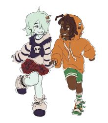  1boy 1girl arrcticc_fish brown_hair carrie_krueger colored_skin dark-skinned_male dark_skin darwin_watterson ghost ghost_girl green_shoes hair_ornament hair_over_one_eye highres hood hoodie humanization orange_hoodie personification shirt shoes short_hair simple_background skirt skull_hair_ornament smile the_amazing_world_of_gumball white_hair 