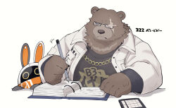  1boy 1other animal_ears bear_boy bear_ears ben_bigger black_tank_top brown_fur calculator chain chain_necklace closed_mouth commentary_request eous_(zenless_zone_zero) furry furry_male glasses highres jacket jewelry kinoshita_jiroh male_focus necklace non-humanoid_robot rabbit_ears robot scar scar_across_eye scar_on_face tank_top translated white_background white_jacket writing zenless_zone_zero 