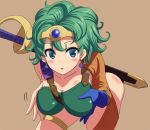  1girl asymmetrical_clothes blue_eyes breast_hold breasts circlet curly_hair dragon_quest dragon_quest_iv gloves green_hair heroine_(dq4) hyakuen_raitaa leaning_forward looking_at_viewer medium_breasts short_hair solo sword tongue tongue_out weapon 