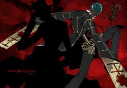  2boys android brain brown_coat brown_pants coat commentary_request cowboy_shot feet_out_of_frame force_(4sk_force) full_body gold gold_trim hand_up hat highres knee_up korean_commentary limbus_company multiple_boys pants project_moon red_background the_time_ripper_(project_moon) top_hat 