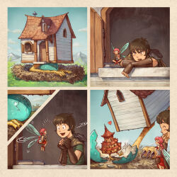  1boy 1girl absurdres anklet armlet bag barefoot belt blue_eyes book boots bracer braid brown_bag brown_belt brown_boots brown_cape brown_eyes brown_gloves brown_hair cape clouds cloudy_sky crossed_legs david_revoy door egg fairy fairy_wings fingerless_gloves flying full_body gloves grass green_pants green_shirt hand_on_own_hip handbag highres house jewelry litchee_(minifantasytheater) long_hair looking_at_another mini_person minifantasytheater minigirl mountain open_mouth outdoors own_hands_together pants pepper&amp;carrot pink_hair red_skirt shirt short_hair single_braid sitting skirt sky tank_top teeth white_tank_top window wings 