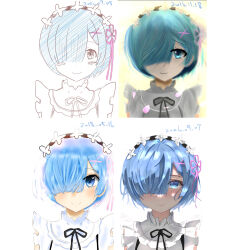  1girl 2016 2018 2026 absurdres amu_(amu_loud7777) artist_name artist_progress bilingual_commentary black_ribbon blue_eyes blue_hair character_name closed_mouth collar commentary dated english_commentary frilled_collar frilled_sleeves frills hair_ornament hair_over_one_eye highres instagram_username light_blush lips looking_at_viewer maid maid_headdress mixed-language_commentary neck_ribbon pink_ribbon re:zero_kara_hajimeru_isekai_seikatsu rem_(re:zero) ribbon roswaal_mansion_maid_uniform short_hair simple_background sleeveless smile straight-on twitter_username upper_body white_background x_hair_ornament 