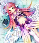  1girl angel_wings blush book breasts eiba feathered_wings gloves halo jibril_(no_game_no_life) long_hair looking_at_viewer low_wings lying magic_circle medium_breasts midriff multicolored_hair navel no_game_no_life on_back pink_hair smile solo symbol-shaped_pupils tattoo thigh-highs white_wings wing_ears wings yellow_eyes 