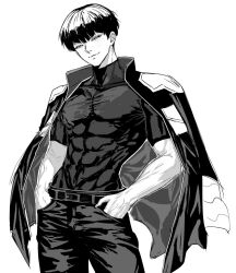  1boy angnajoah_7 belt blush closed_eyes closed_mouth collarbone compression_shirt contrapposto covered_abs covered_collarbone covered_pectorals eyelashes facing_viewer greyscale hands_in_pockets highres hoshina_soshiro jacket jacket_on_shoulders kaijuu_no._8 male_focus monochrome pectorals short_hair simple_background smile solo standing toned toned_male white_background 