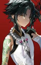  absurdres arm_tattoo asymmetrical_clothes bead_necklace beads commentary_request detached_sleeves diamond_(shape) eyeshadow facial_mark forehead_mark genshin_impact gloves green_gloves green_hair hair_intakes highres jewelry makeup male_focus multicolored_hair necklace raiya_atelier red_background red_eyeshadow shoulder_spikes simple_background single_detached_sleeve spikes tank_top tassel tattoo white_tank_top xiao_(genshin_impact) yellow_eyes 
