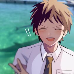  ! !! 1boy ahoge blush breast_pocket brown_hair closed_eyes collared_shirt commentary danganronpa_(series) danganronpa_2:_goodbye_despair eggydgrp english_commentary formal_clothes green_necktie highres hinata_hajime necktie open_mouth photo_background pocket shirt short_hair smile solo upper_body v v-shaped_eyebrows water white_shirt 
