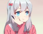  &gt;:t 1girl :t bangs blue_eyes blush bow breasts eromanga_sensei eyebrows_visible_through_hair frilled_sleeves frills gradient gradient_background grey_hair hair_bow hand_on_own_cheek hand_on_own_face hand_up head_rest highres izumi_sagiri long_hair long_sleeves looking_away pajamas pink_bow pout qingchen_(694757286) sidelocks simple_background small_breasts solo upper_body 