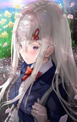  1girl blue_jacket commentary_request echidna_(re:zero) falling_petals flower grass hair_between_eyes highres jacket long_hair looking_at_viewer petals pink_eyes pink_petals pond re:zero_kara_hajimeru_isekai_seikatsu red_ribbon ribbon school_uniform shirt tarunyan tree upper_body water white_hair white_shirt yellow_flower 
