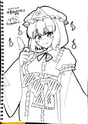  1girl absurdres blush bug butterfly butterfly_on_hand closed_mouth commentary_request dated frilled_kimono frills hat highres hitodama japanese_clothes kimono long_sleeves looking_at_viewer mob_cap neck_ribbon photo_(medium) ribbon rital saigyouji_yuyuko short_hair signature sleeve_garter smile solo touhou traditional_media translation_request triangular_headpiece wide_sleeves 