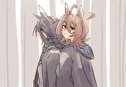  2girls absurdres agnes_tachyon_(umamusume) ahoge animal_ears black_hair black_robe blue_collar brown_hair closed_mouth collar commentary_request ear_tag earrings gachitamago green_collar hair_between_eyes harry_potter_(series) highres horse_ears horse_girl horse_tail jewelry long_bangs long_hair long_hair_between_eyes long_sleeves manhattan_cafe_(umamusume) medium_hair multicolored_hair multiple_girls necktie open_mouth robe shirt simple_background tail umamusume white_hair wizarding_world yellow_eyes 